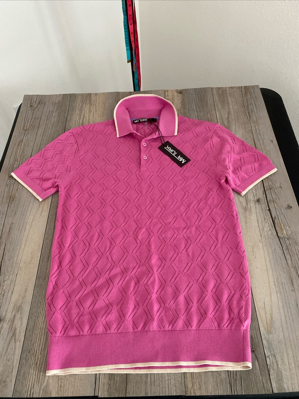 $228 MR TURK Men’s Geometric Diamond Knit Luxury Polo Ringold Pink NWT XS